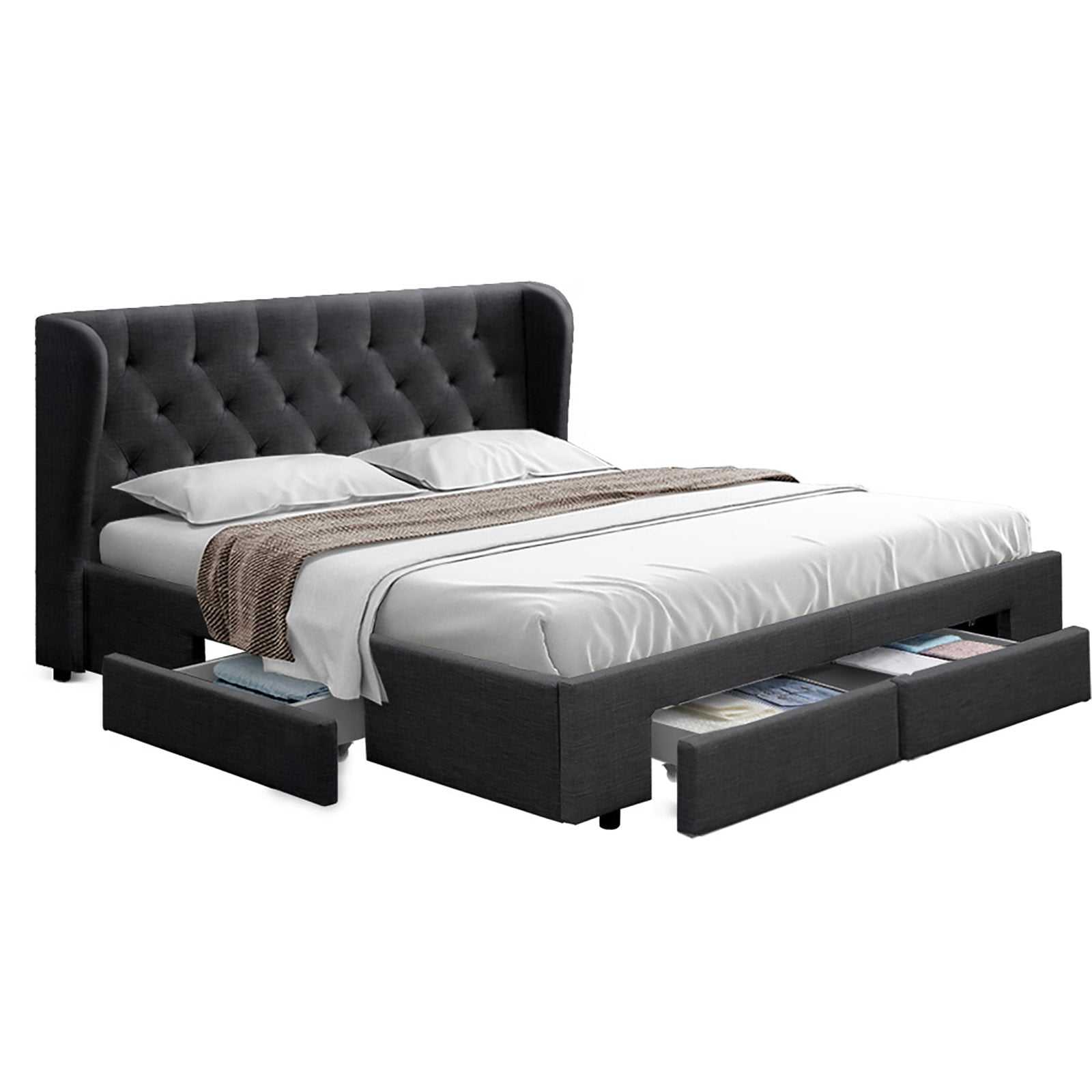 MILA Bed Frame Queen Size with 4 Drawers Charcoal