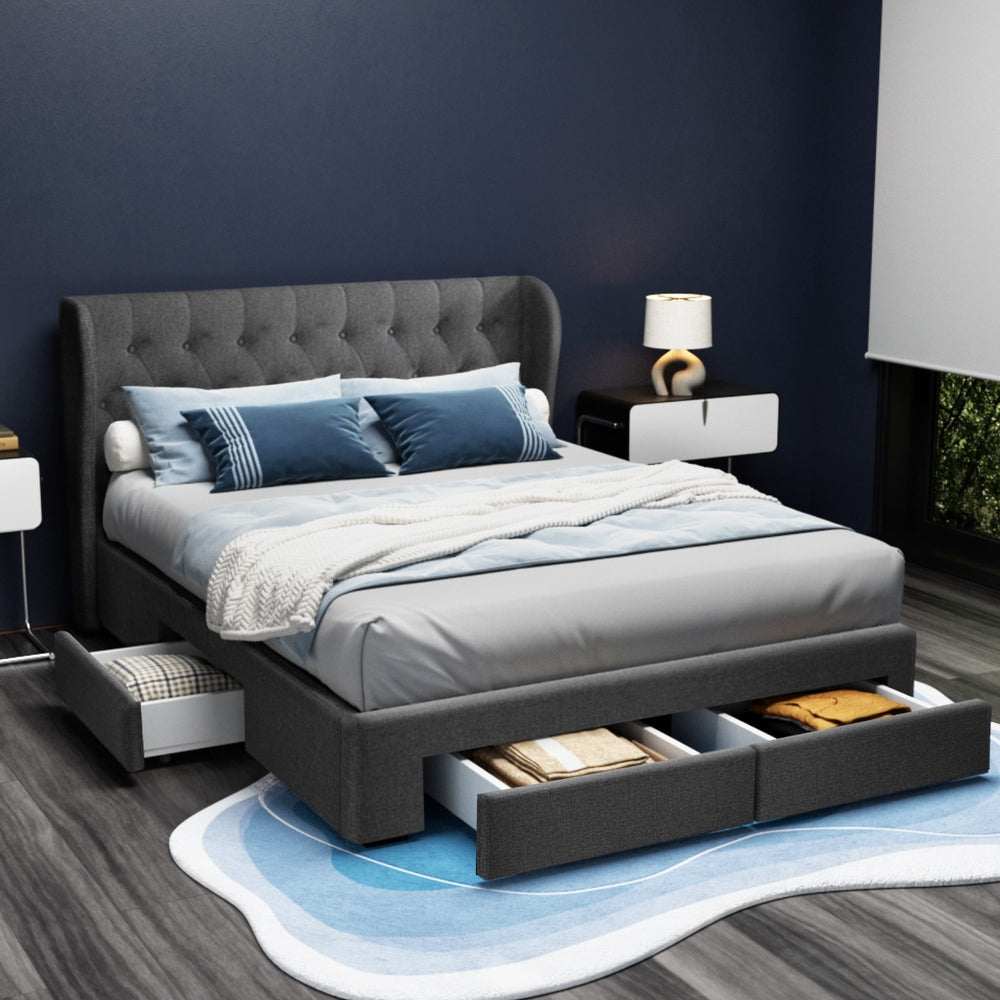 MILA Bed Frame Queen Size with 4 Drawers Charcoal