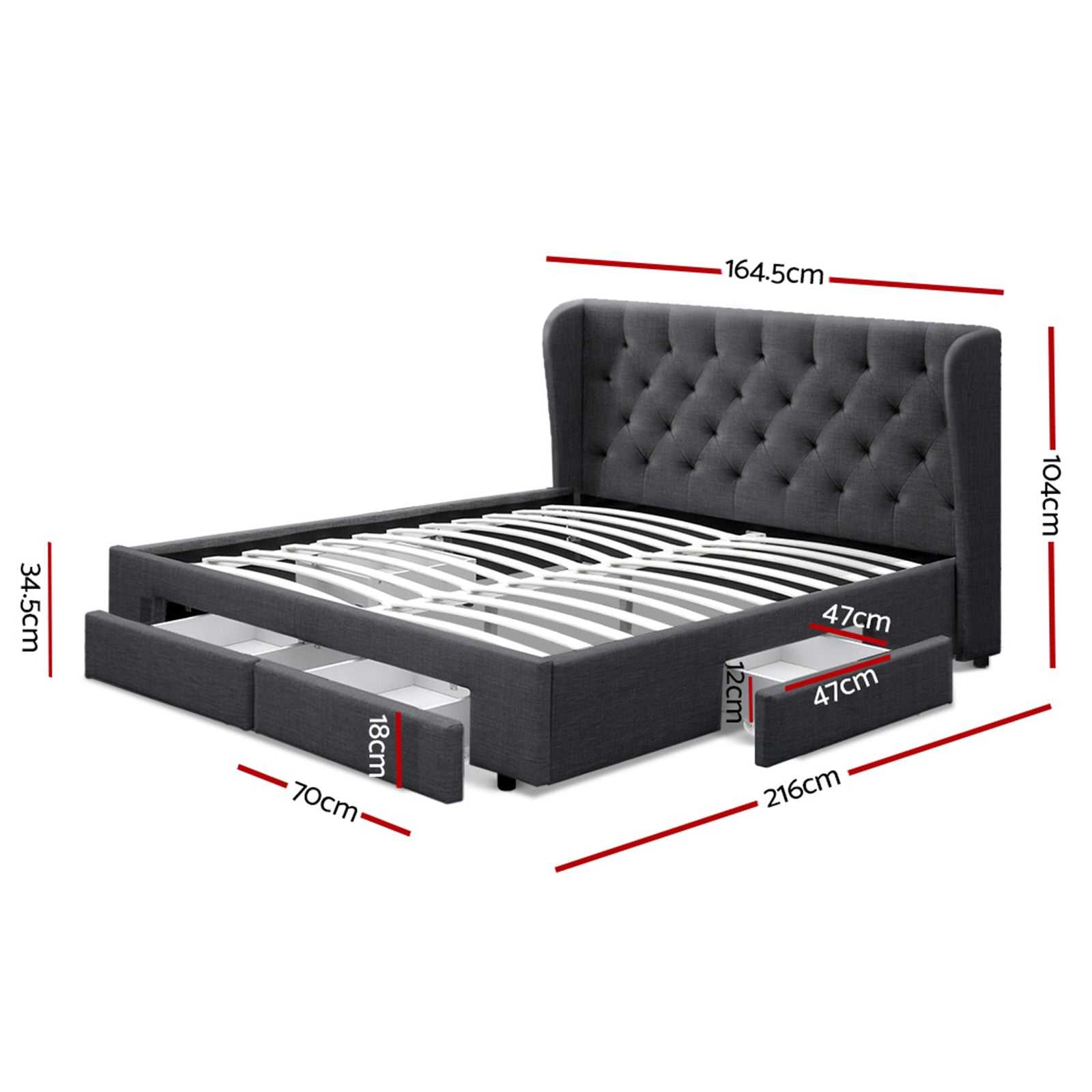 MILA Bed Frame Queen Size with 4 Drawers Charcoal