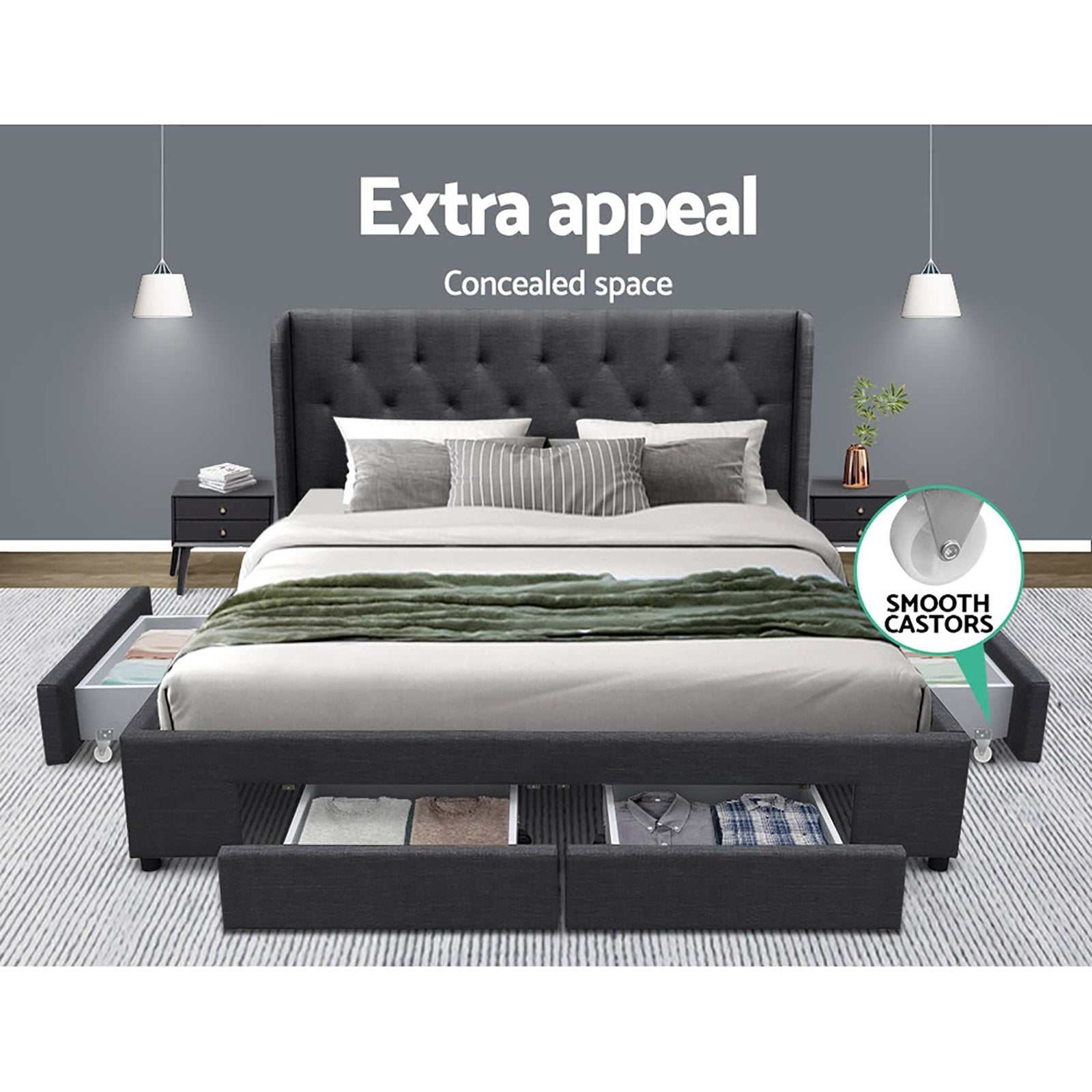 MILA Bed Frame Queen Size with 4 Drawers Charcoal