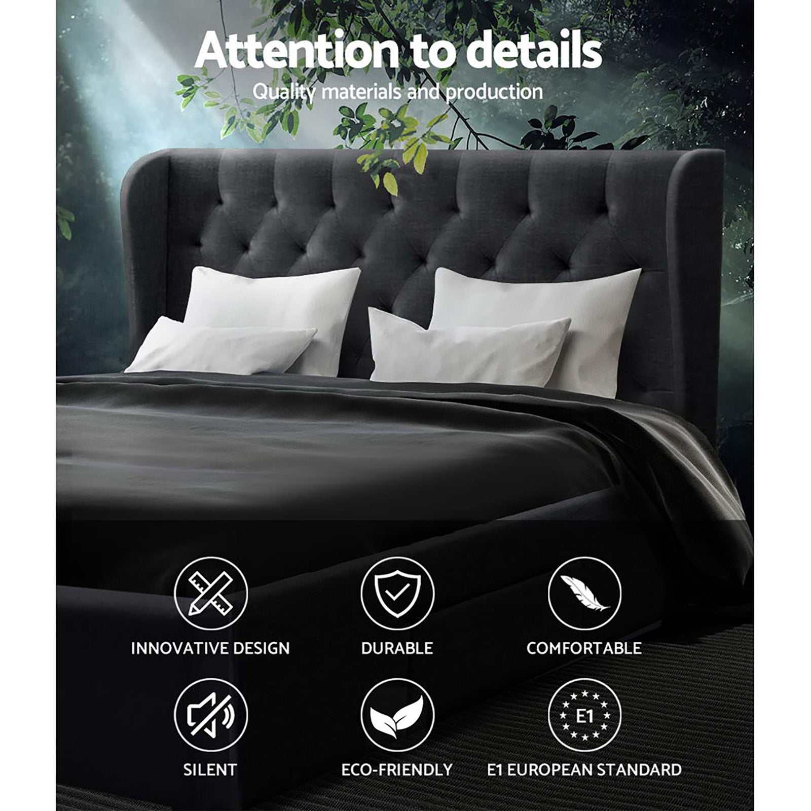 MILA Bed Frame Queen Size with 4 Drawers Charcoal