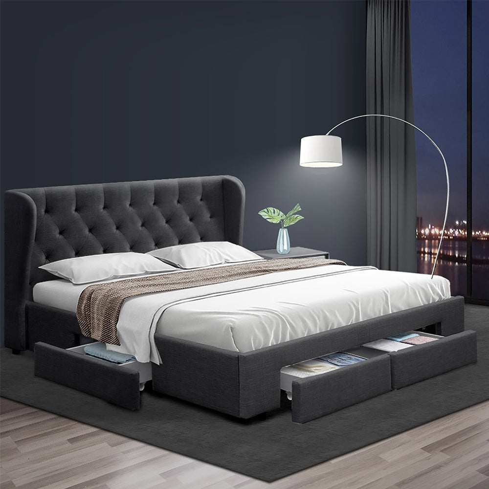 MILA Bed Frame Queen Size with 4 Drawers Charcoal