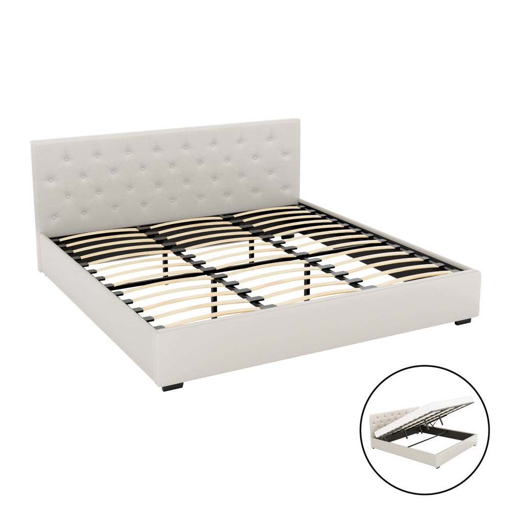 VILA Bed Frame King Size Gas Lift Beige