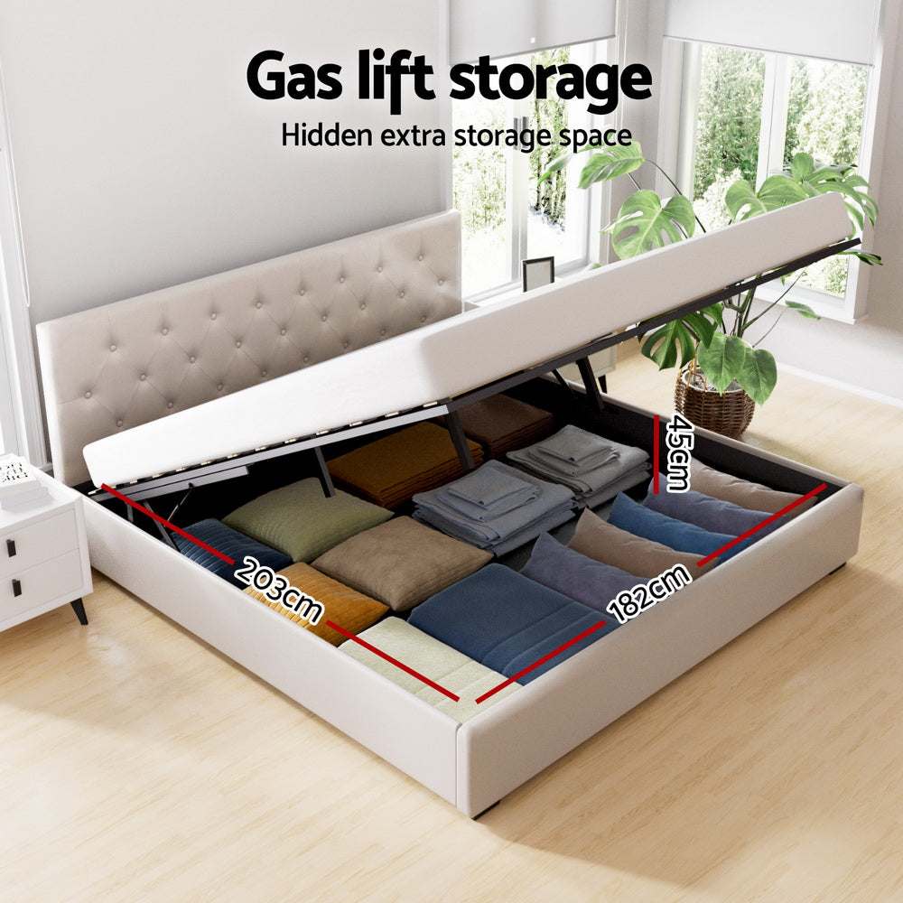 VILA Bed Frame King Size Gas Lift Beige