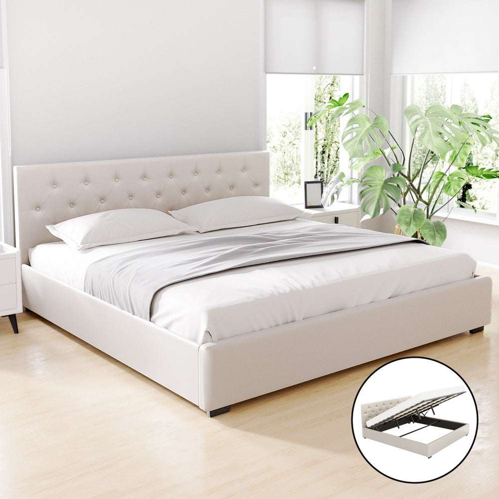 VILA Bed Frame King Size Gas Lift Beige