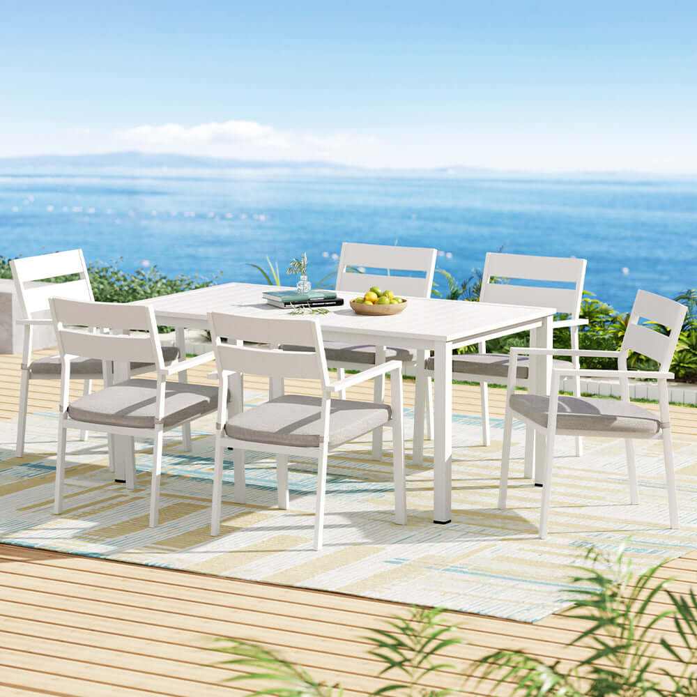 Gardeon 7 Piece Outdoor Dining Set Aluminium Table And Chairs - White