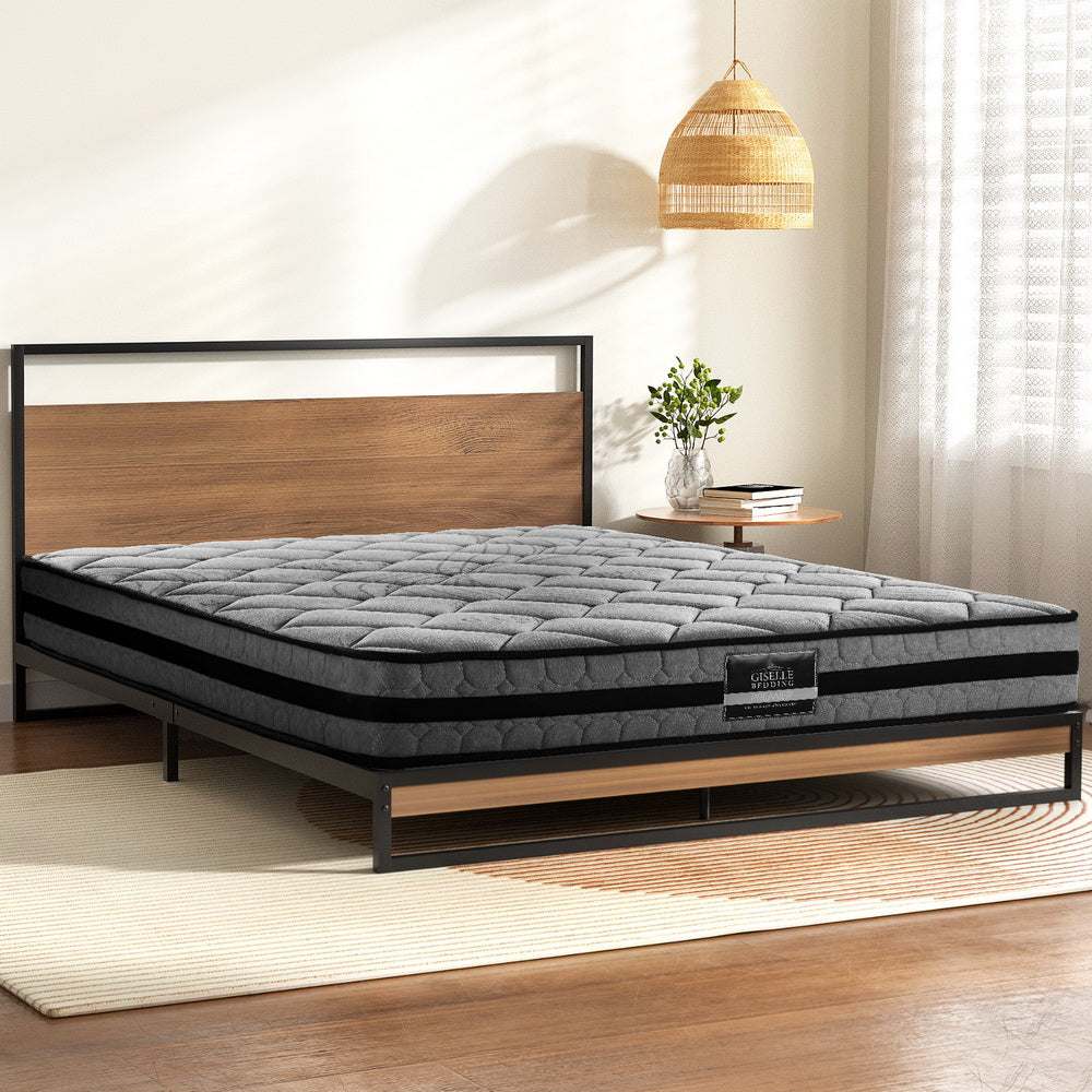 Artiss Metal Bed Frame Double Size with Mattress, industrial design, black and dark wood.