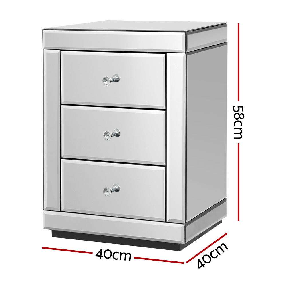 PRESIA Set of 2 Bedside Table 3 Drawers Mirrored Glass - Silver