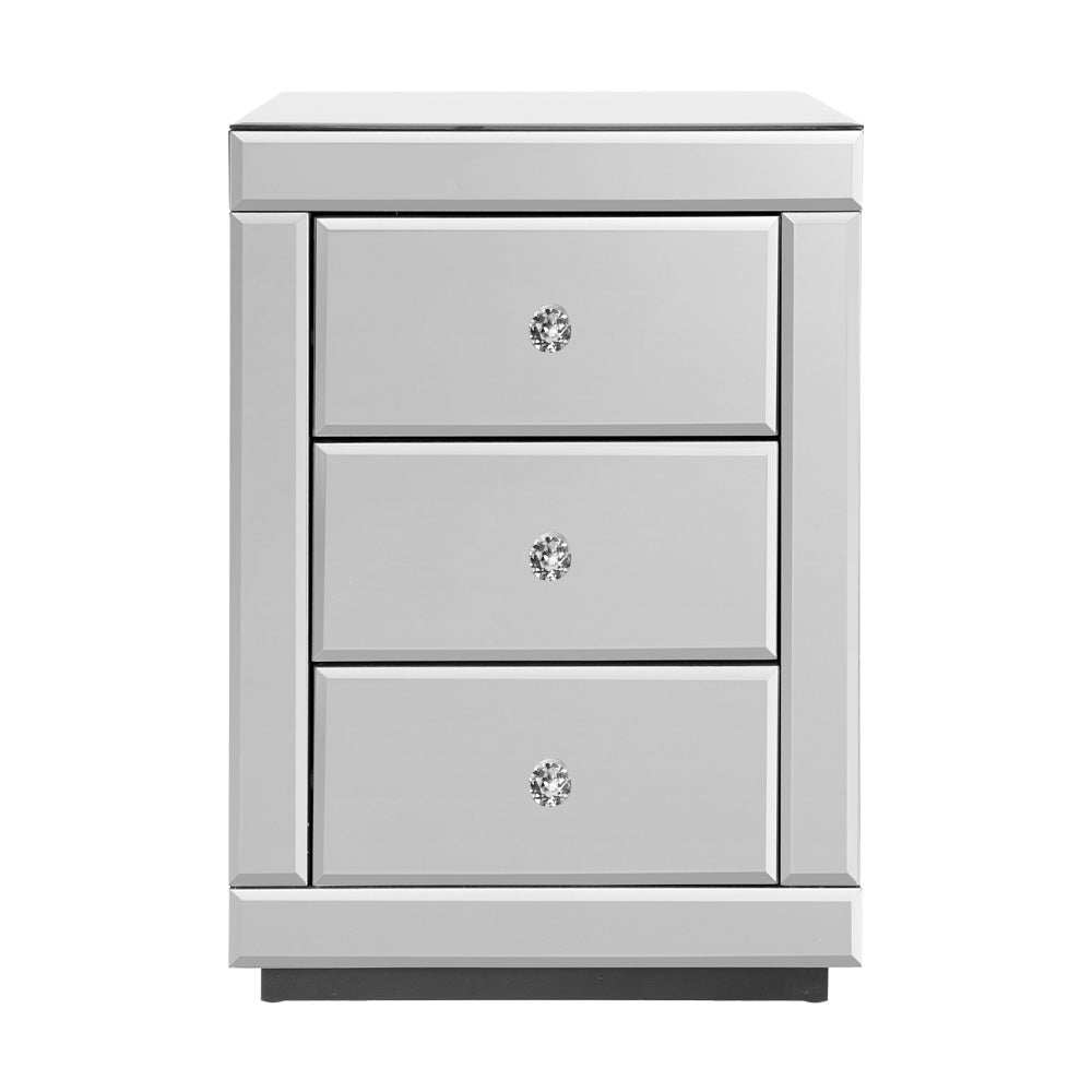 PRESIA Set of 2 Bedside Table 3 Drawers Mirrored Glass - Silver