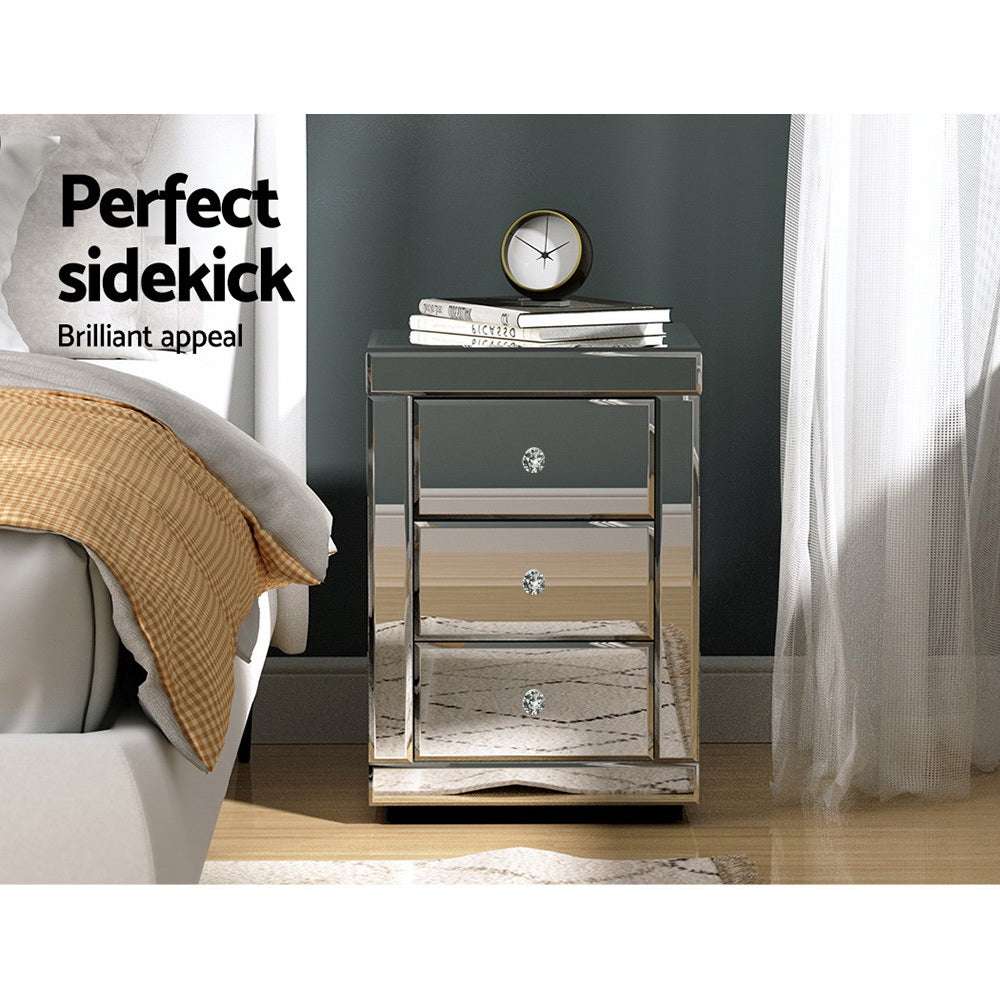 PRESIA Set of 2 Bedside Table 3 Drawers Mirrored Glass - Silver