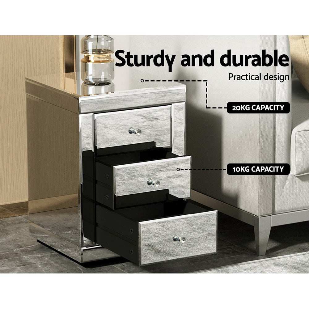 PRESIA Set of 2 Bedside Table 3 Drawers Mirrored Glass - Silver