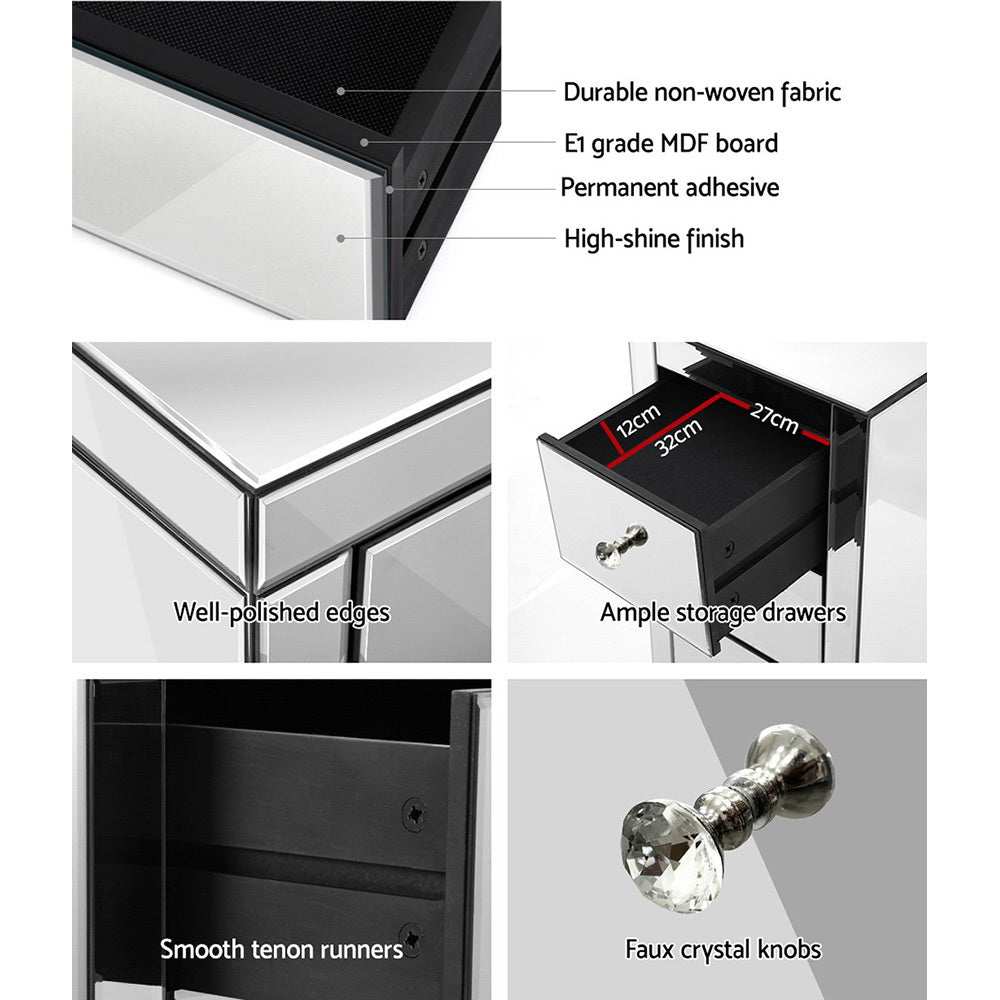 PRESIA Set of 2 Bedside Table 3 Drawers Mirrored Glass - Silver