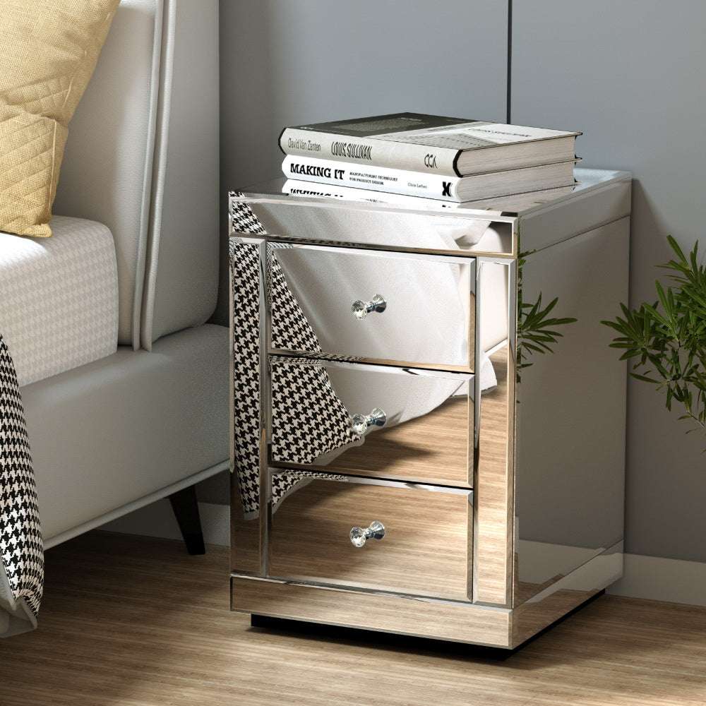 PRESIA Set of 2 Bedside Table 3 Drawers Mirrored Glass - Silver
