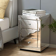 PRESIA Set of 2 Bedside Table 3 Drawers Mirrored Glass - Silver