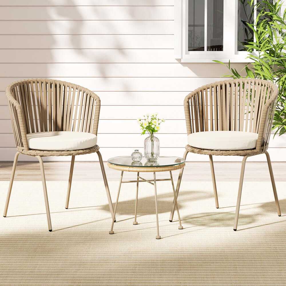 3PC Rope Garden Table And Chairs - Beige