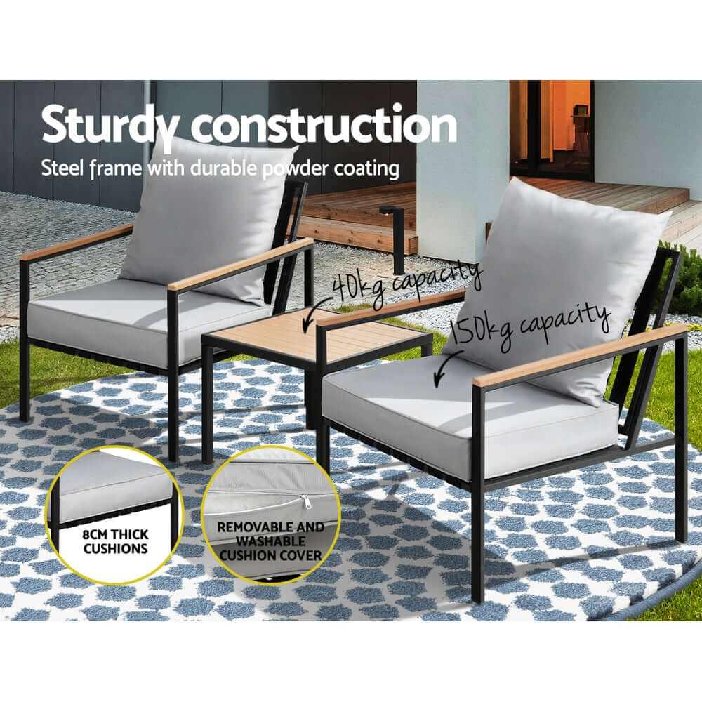 Gardeon 3PC Outdoor Lounge Chair And Table - Black