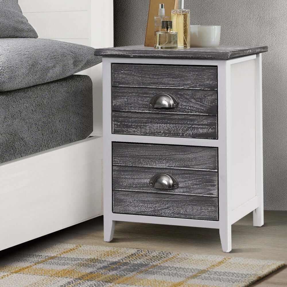 THYME Vintage 2 Drawers Set of 2 Grey Nightstands