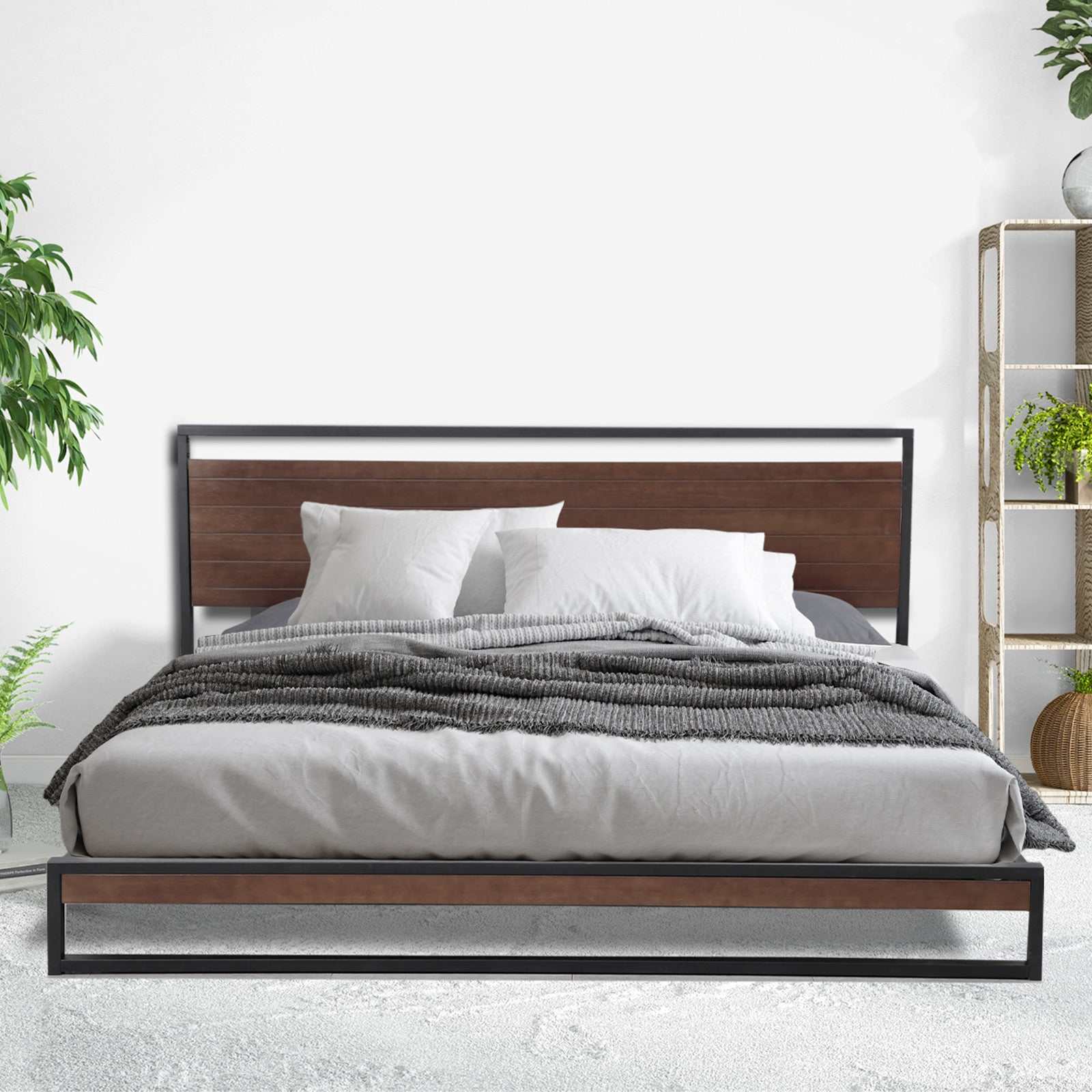 Azure Headboard Black Wood Steel Platform Bed Frame - Single