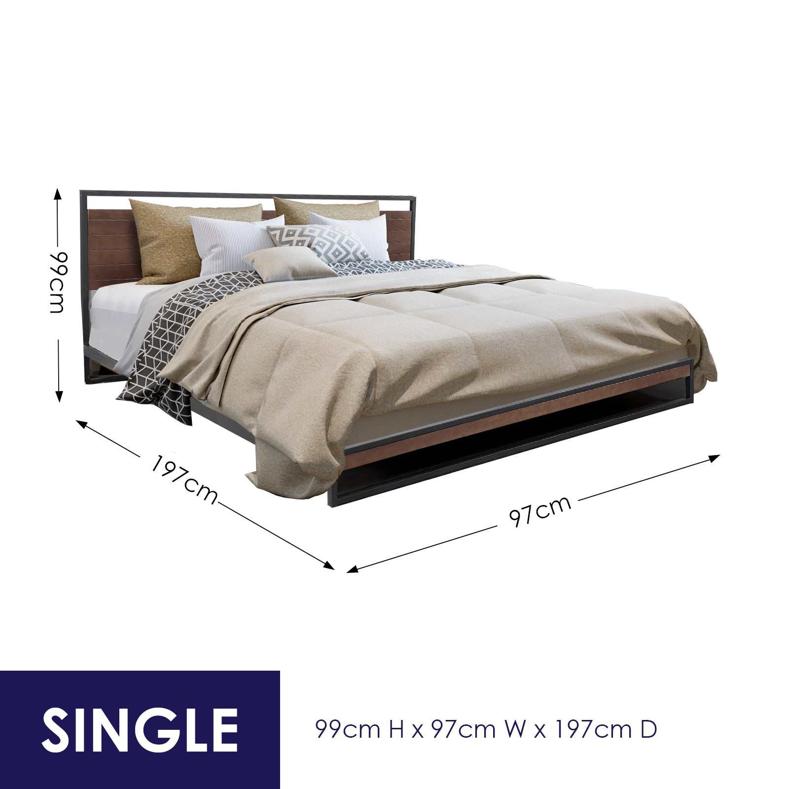 Azure Headboard Black Wood Steel Platform Bed Frame - Single