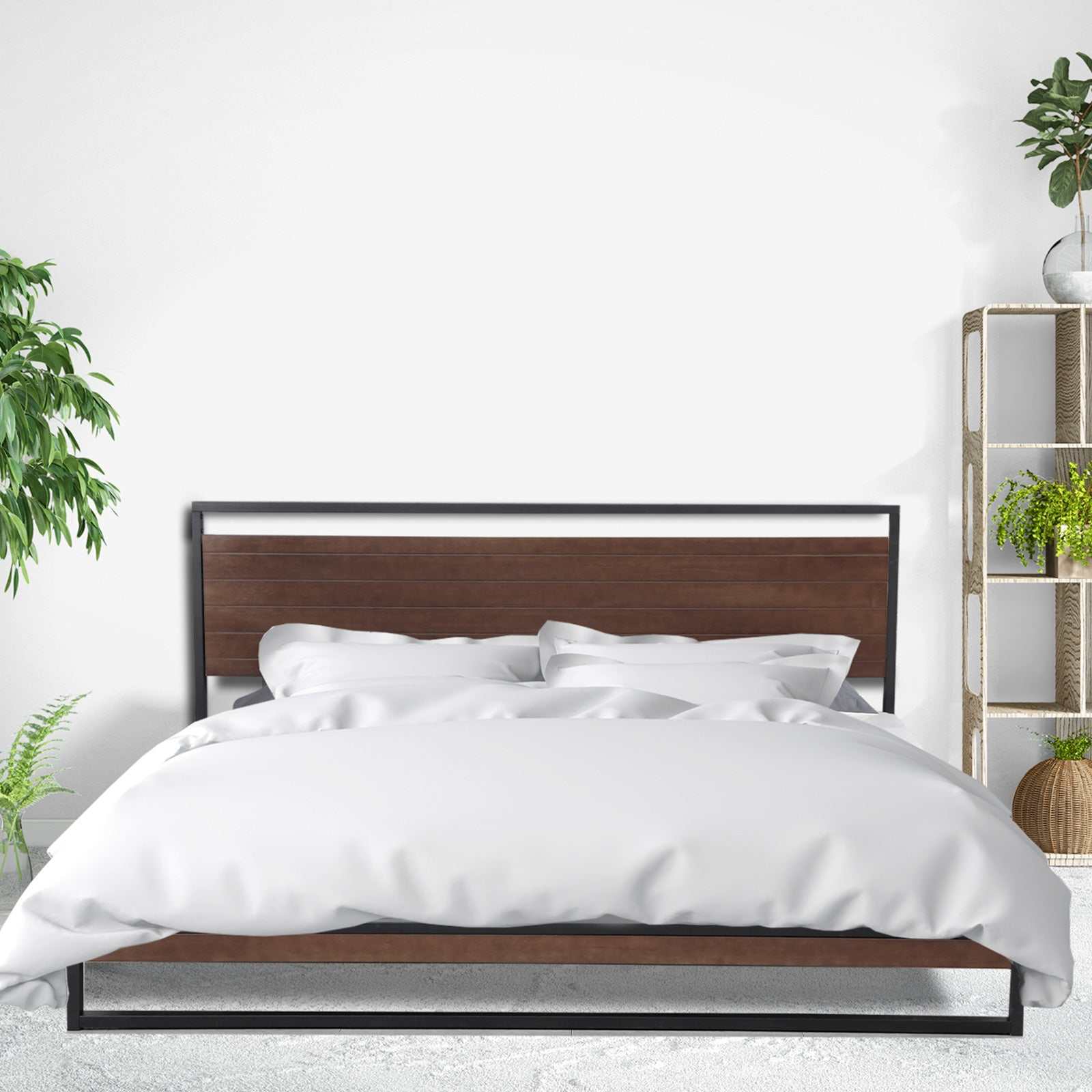 Azure Headboard Black Wood Steel Platform Bed Frame - Single