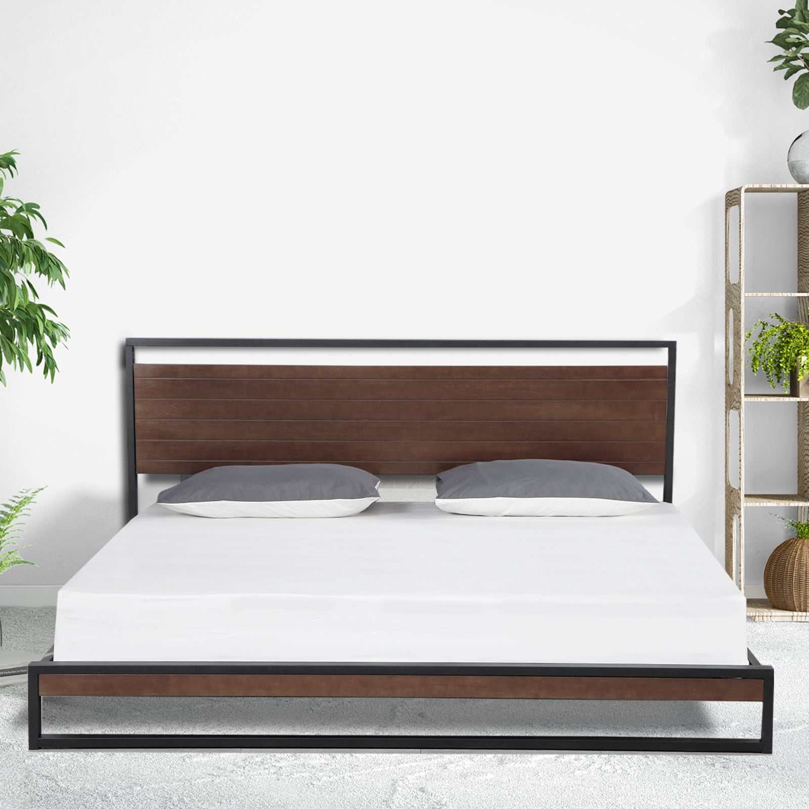 Azure Headboard Black Wood Steel Platform Bed Frame - Single