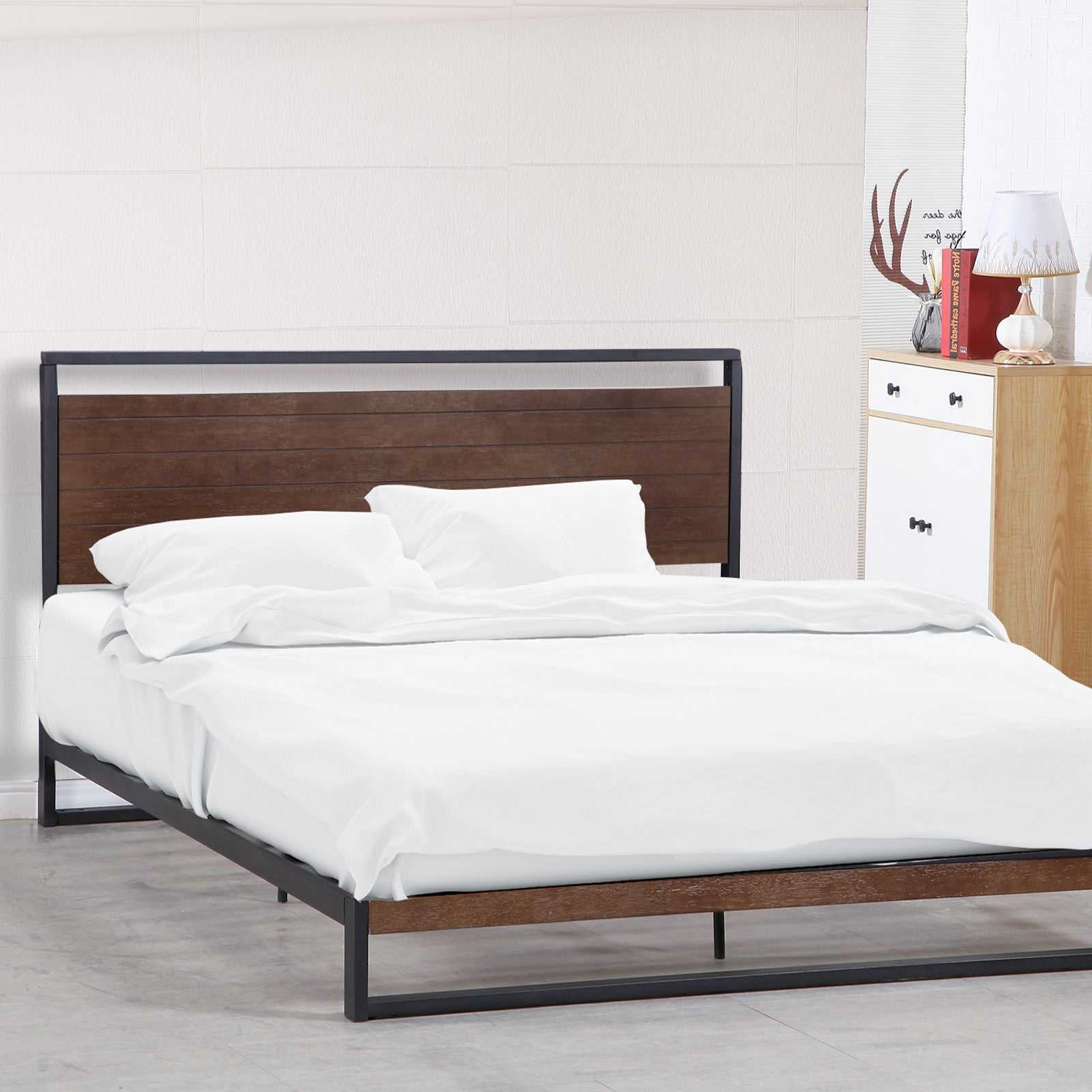 Azure Headboard Black Wood Steel Platform Bed Frame - Single
