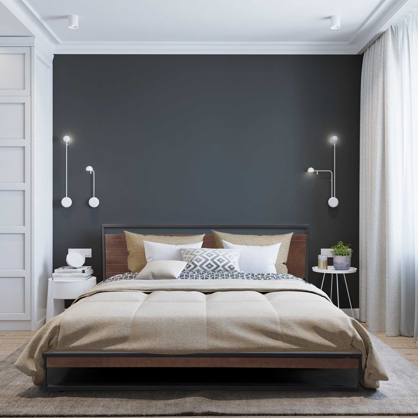 Azure Headboard Black Wood Steel Platform Bed Frame - Single
