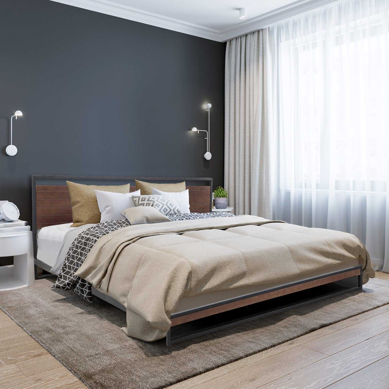 Azure Headboard Black Wood Steel Platform Bed Frame - Single