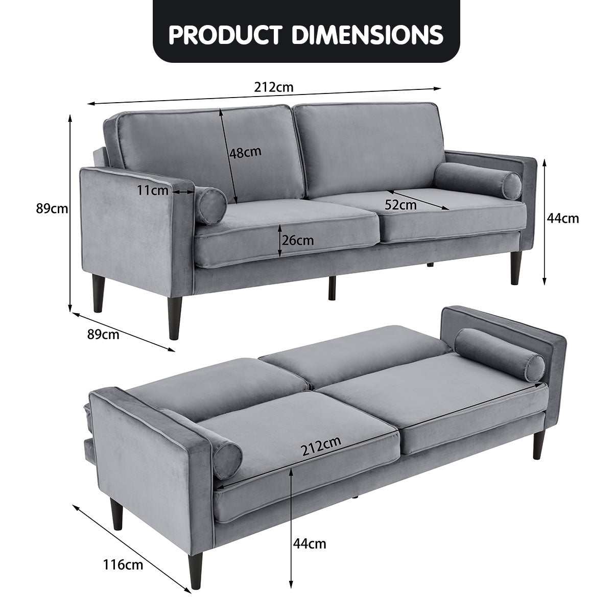Sarantino Faux Velvet Convertible Sofa Bed - Grey
