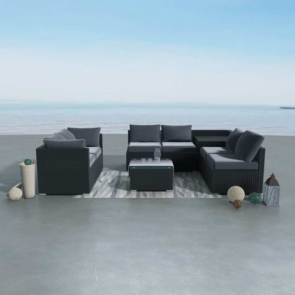 8PCS Outdoor Modular Furniture Lounge Sofa - Black