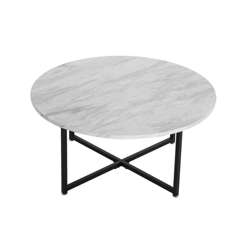 Marble Effect White Round Coffee Table with Black Legs