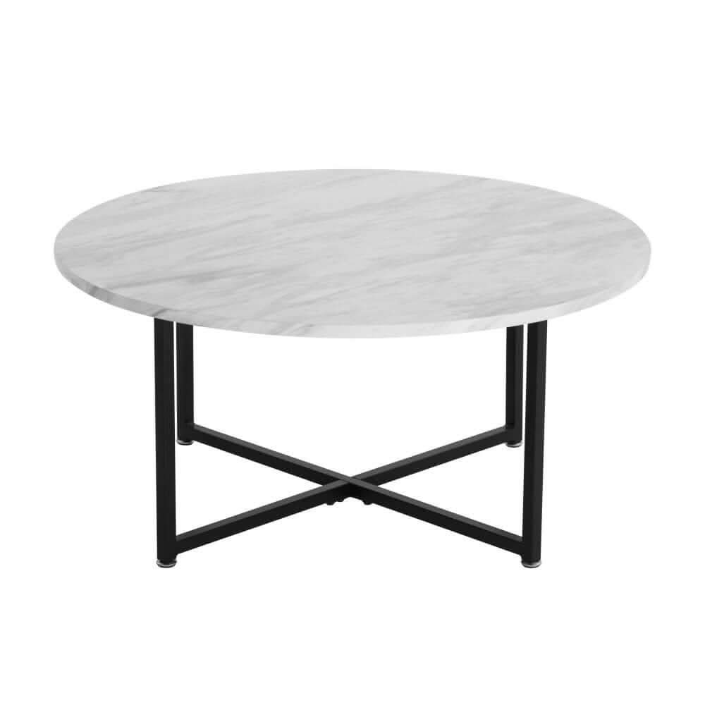 Marble Effect White Round Coffee Table with Black Legs