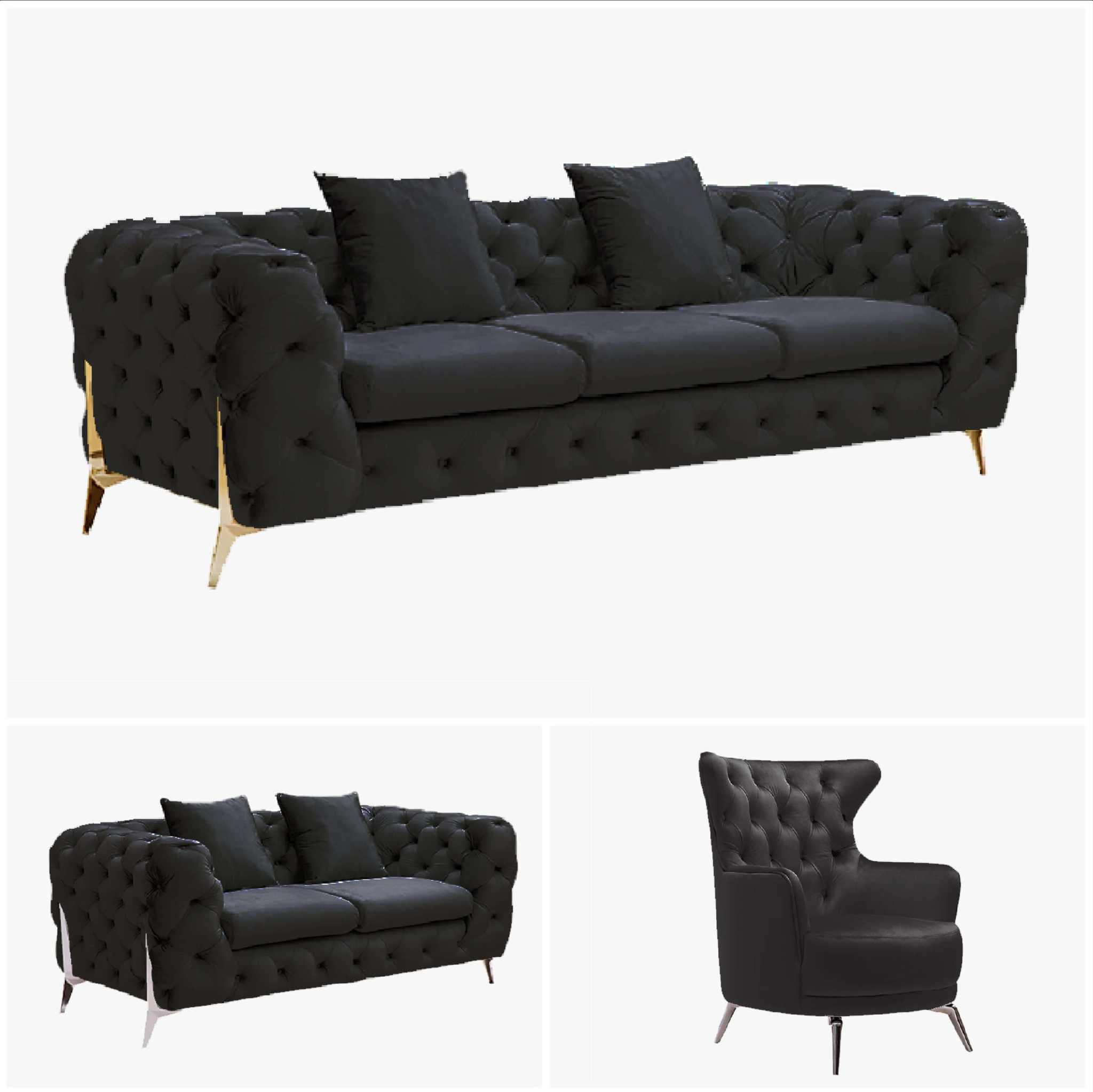 Grand Tufted Velvet Black Living room Couch - Gold Legs