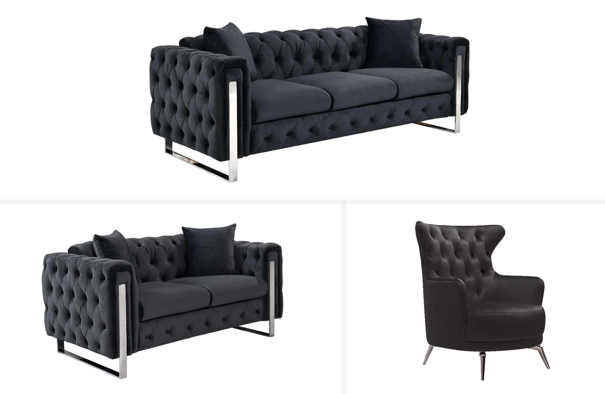 Madeline Range - Black Velvet Couch - Silver Trims