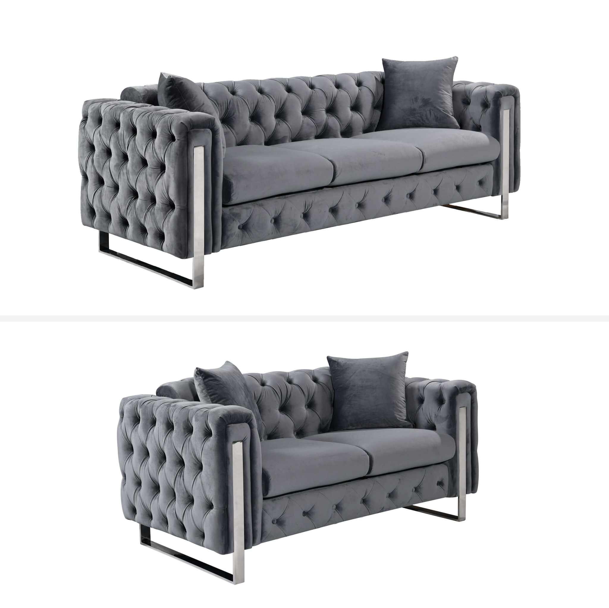 Madeline Range - Dark Grey 3+2+1 Velvet Sofa Set - Silver Trims