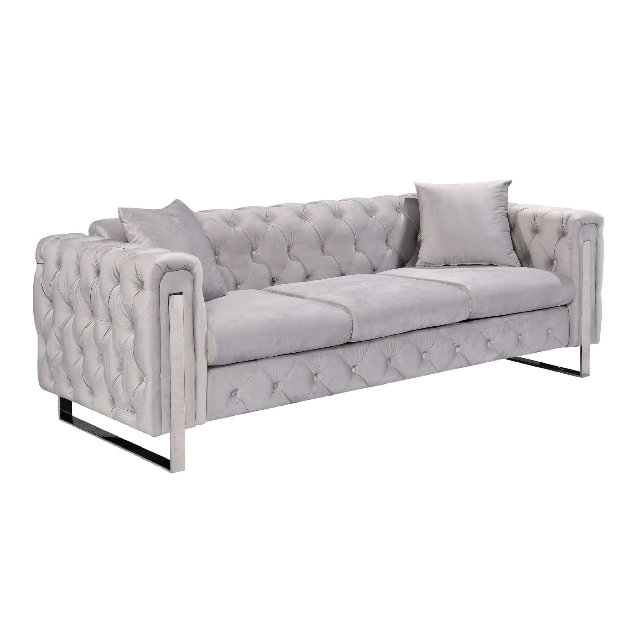 Madeline Range Modern Velvet Couch - Light Grey - Silver Trims