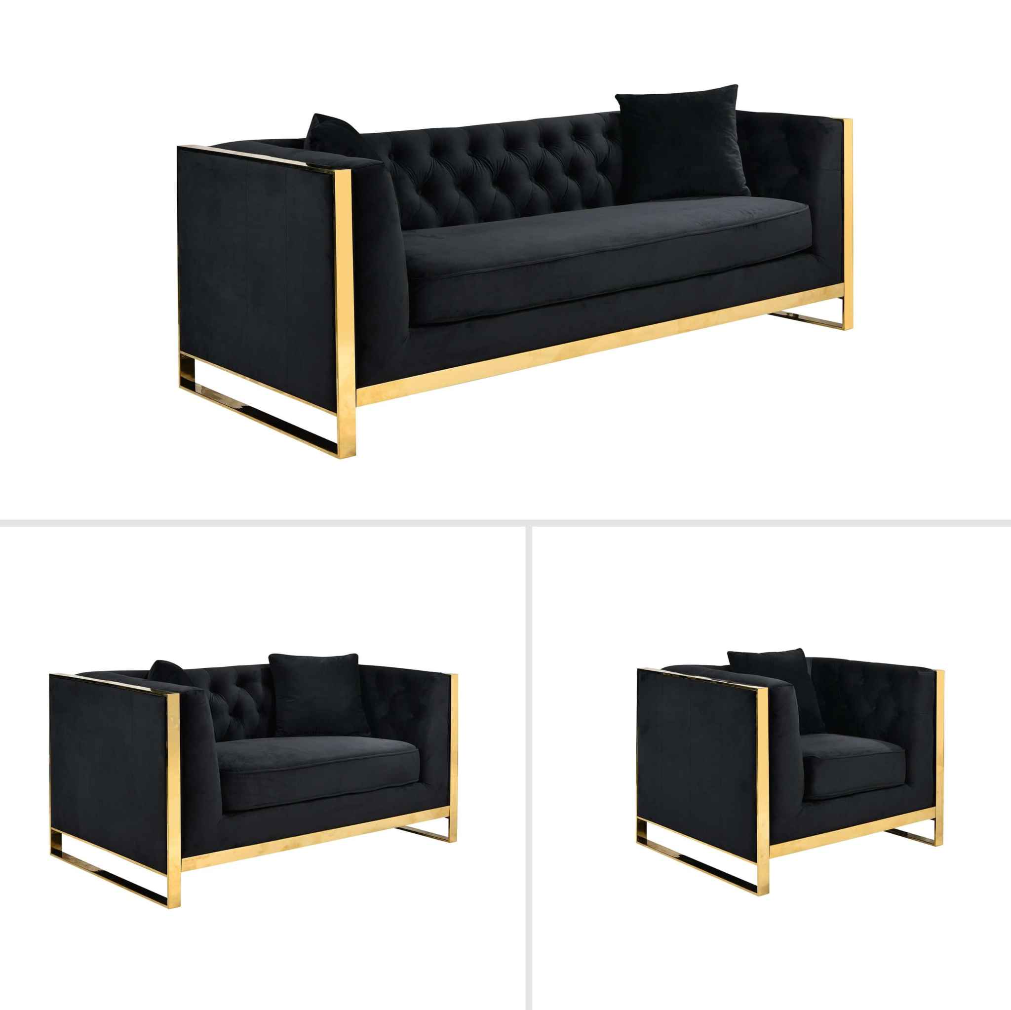 William Lounge Black Velvet Sofa Set for Living Room - Gold Trims