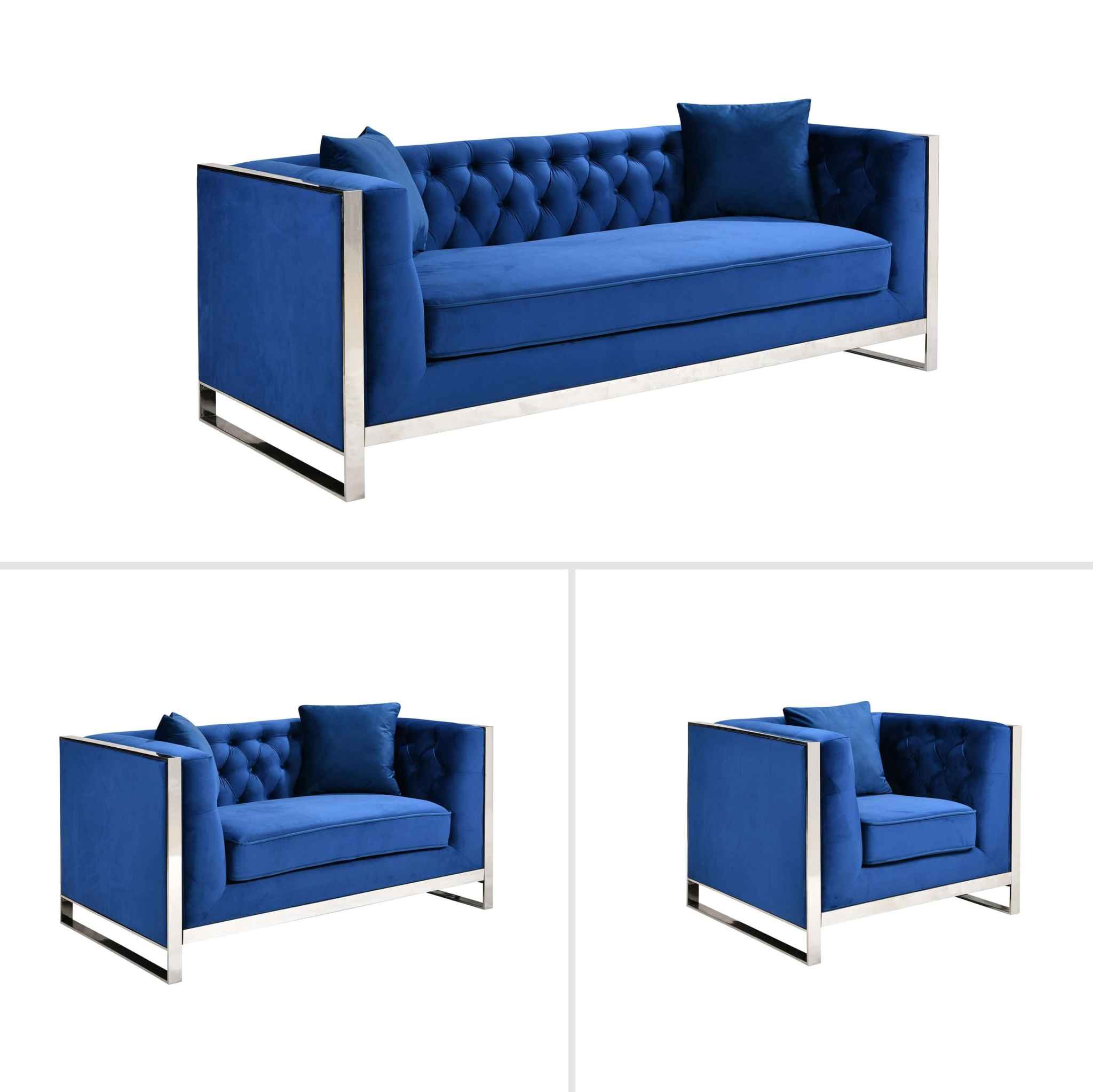 William Lounge Sofa For Living Room - Blue Velvet - Silver Trims