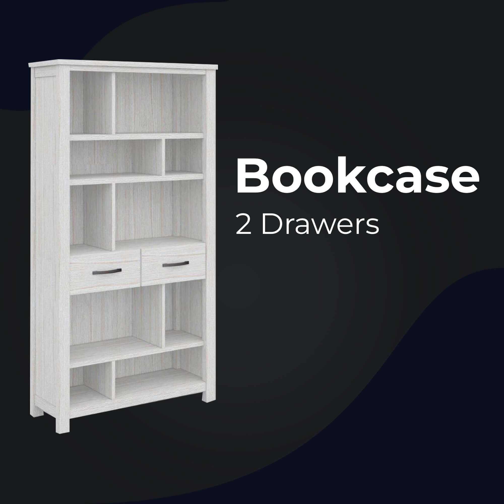 Foxglove Bookshelf 5 Tier Bookcase 2 Drawers Solid Mt Ash Wood - White