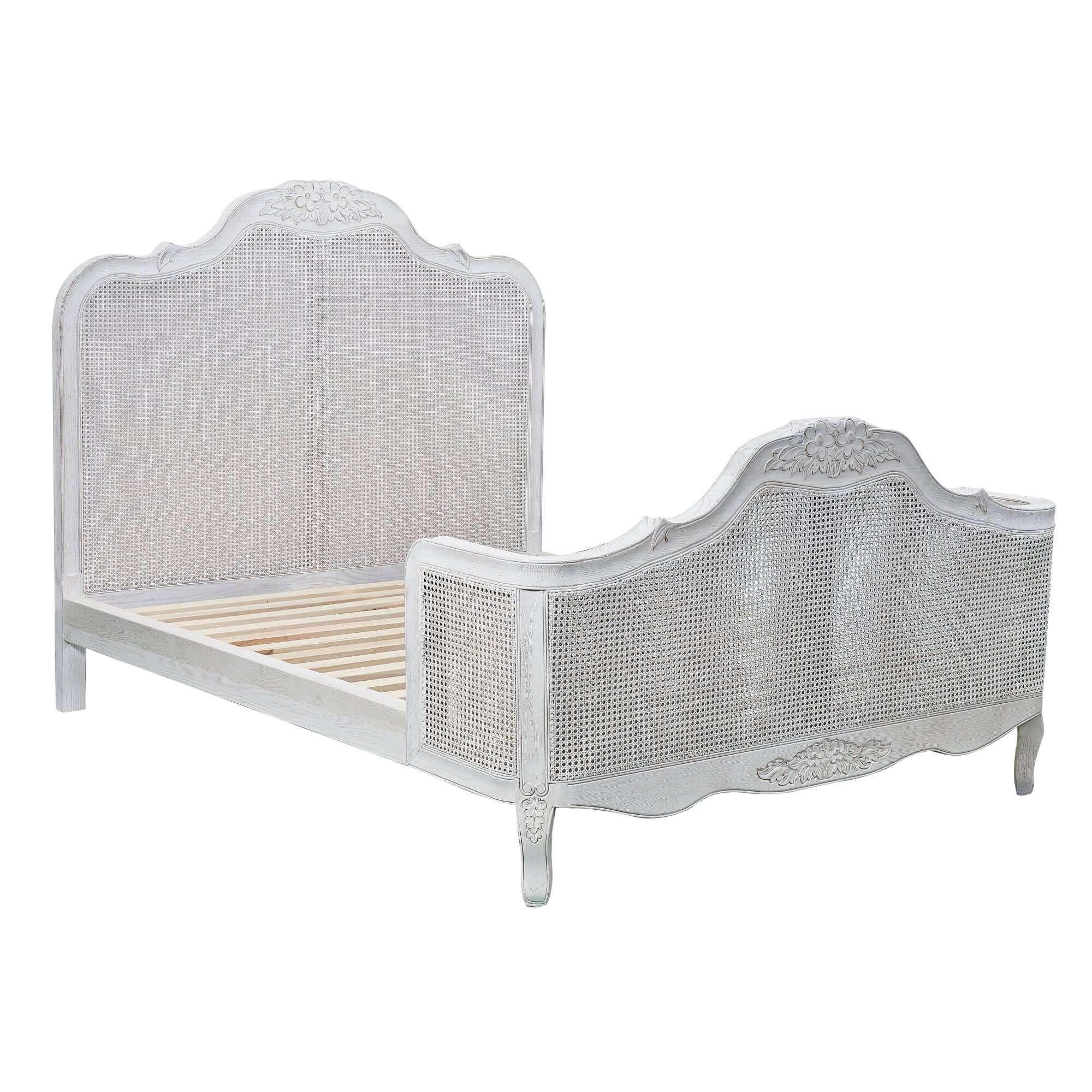 Alice Distressed White King Bed Frame Natural Rattan