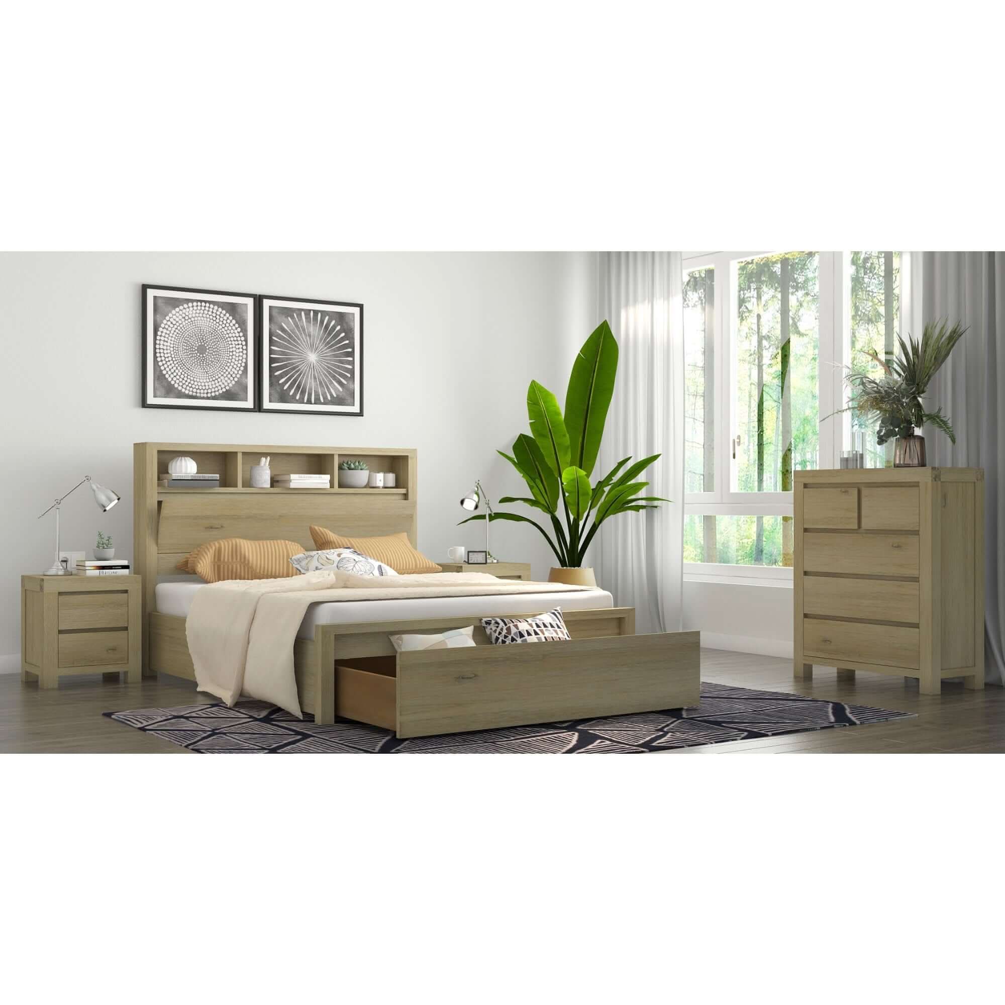 Brunet Wooden King Size Bed Frame With Storage Drawers - Brush Smoke