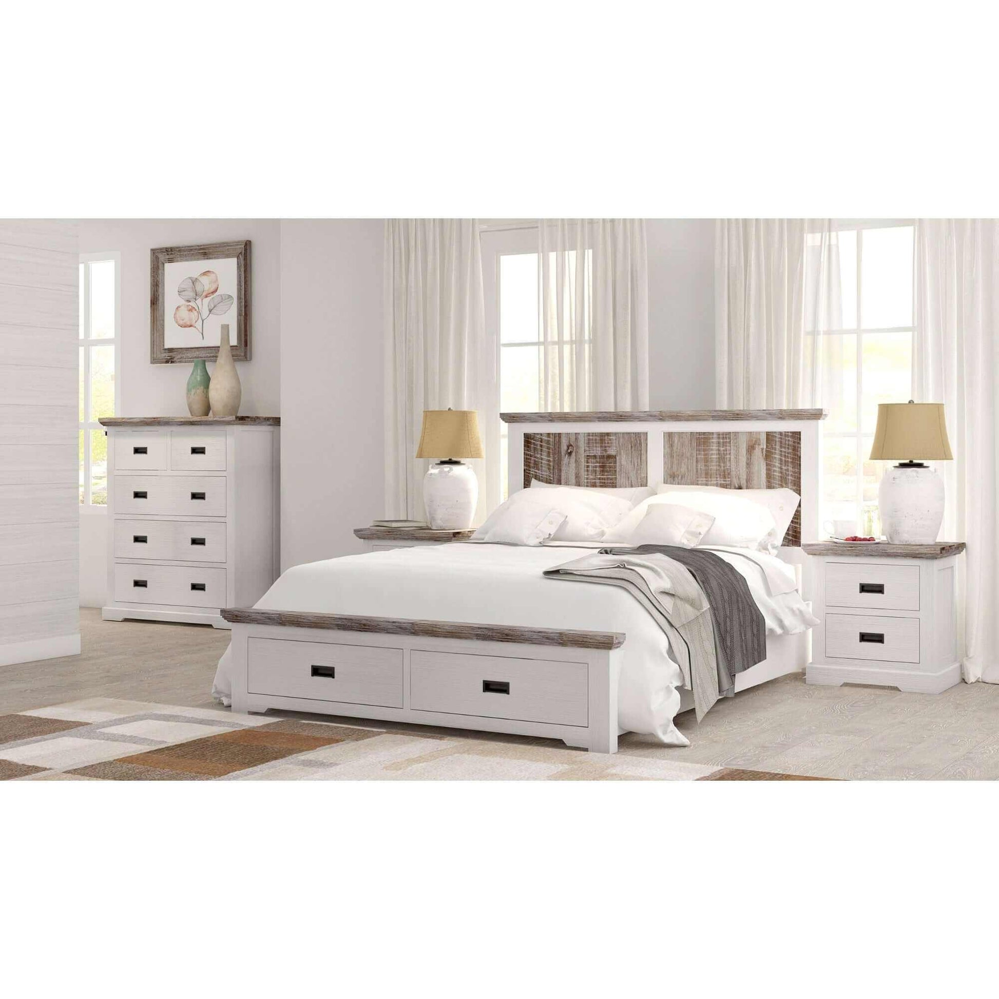 Fiona Timber Bed Frame King Size With Storage Drawers - White Grey