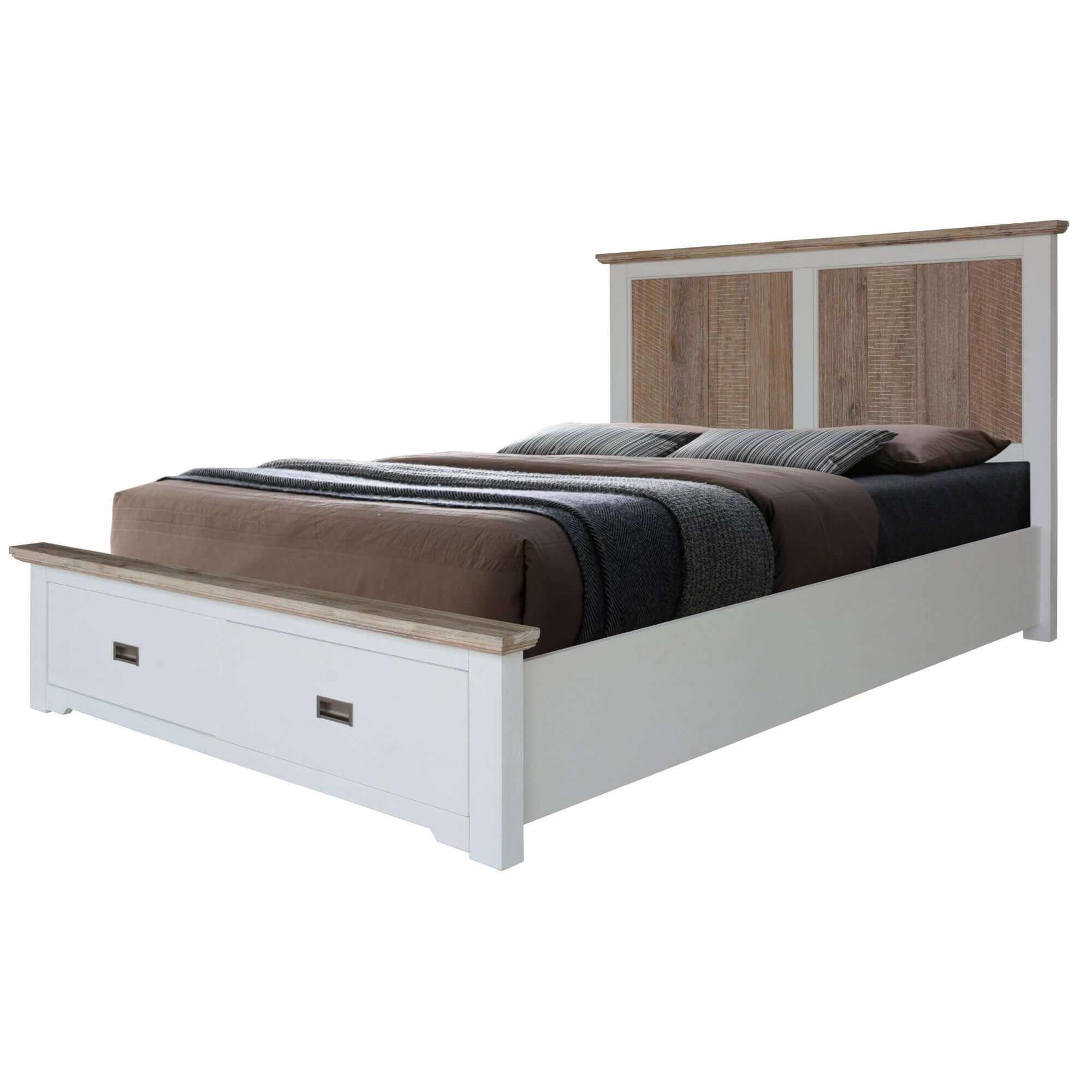 Fiona Timber Bed Frame King Size With Storage Drawers - White Grey