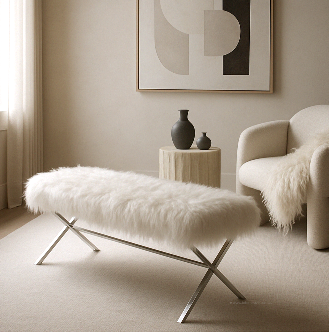 Interior Ave - Oxley White Fur Bench - Gold