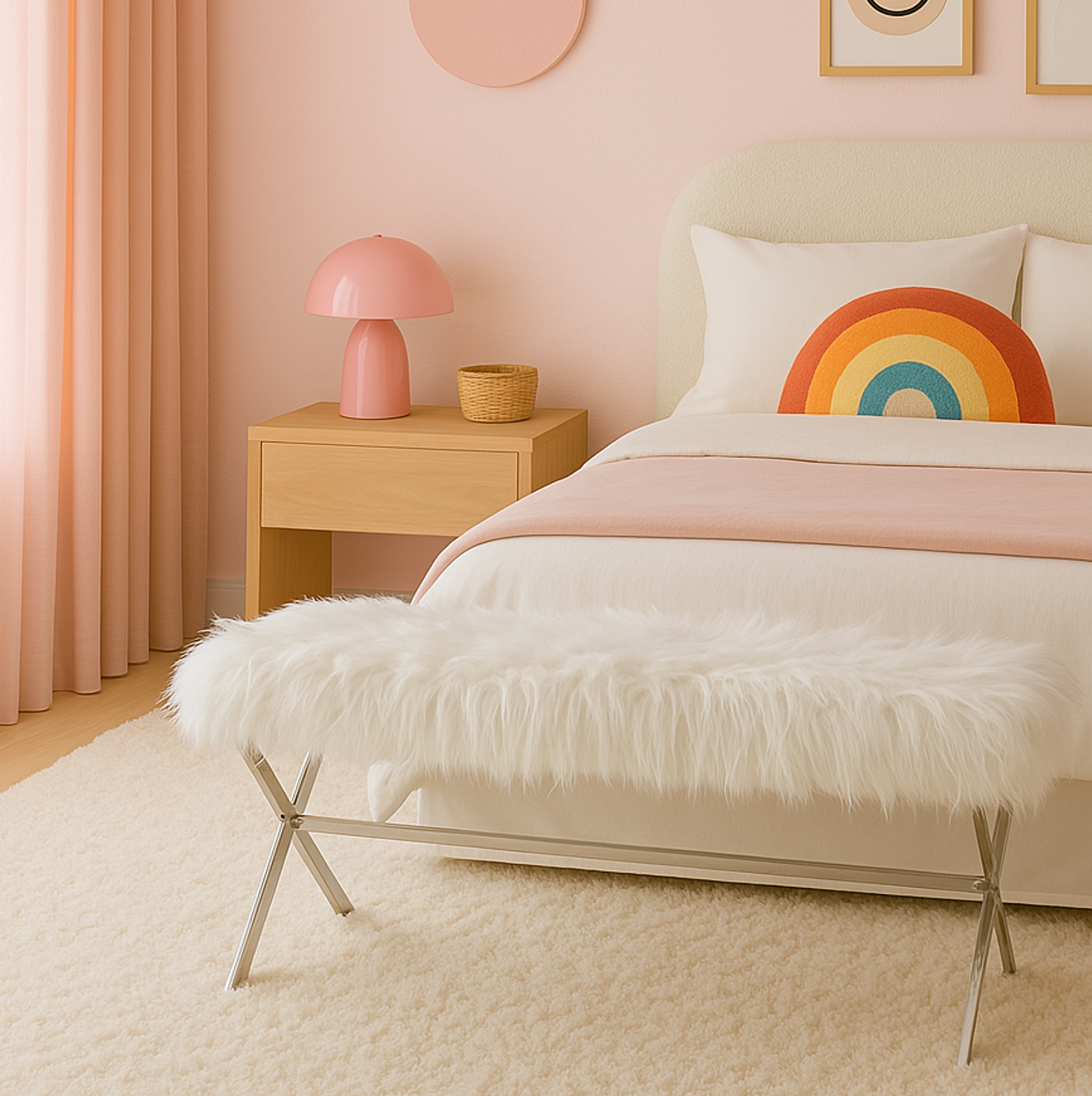 Interior Ave - Oxley White Fur Bench - Gold