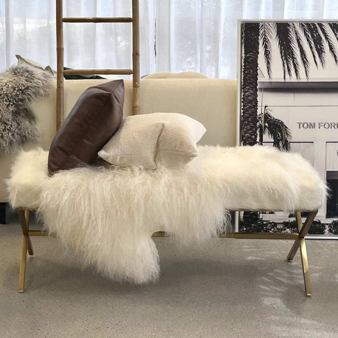 Interior Ave - Oxley White Fur Bench - Gold