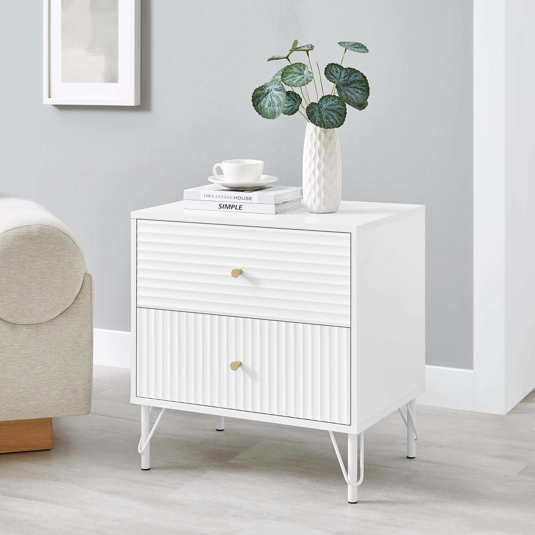 Lisa Wavy Fluted White Two Drawer Nightstand