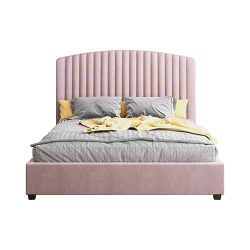 Camelia Double Size Bed Frame Pink Velvet Upholstery High Headboard