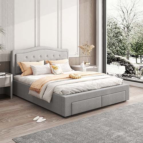 Emily Bed Frame Queen Size Velvet Fabric Grey Four MDF Drawers with Wh