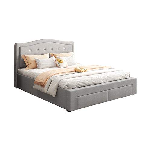 Emily Bed Frame Queen Size Velvet Fabric Grey Four MDF Drawers with Wh
